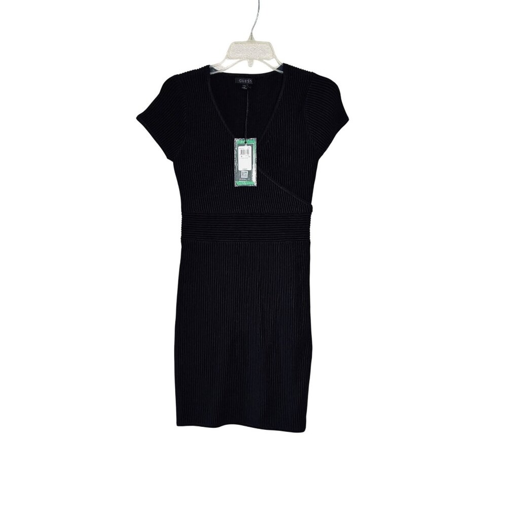 NWT Guess Elise Black Ribbed Knit Mini Sweater Bodycon Dress‎ Cap Sleeve Medium